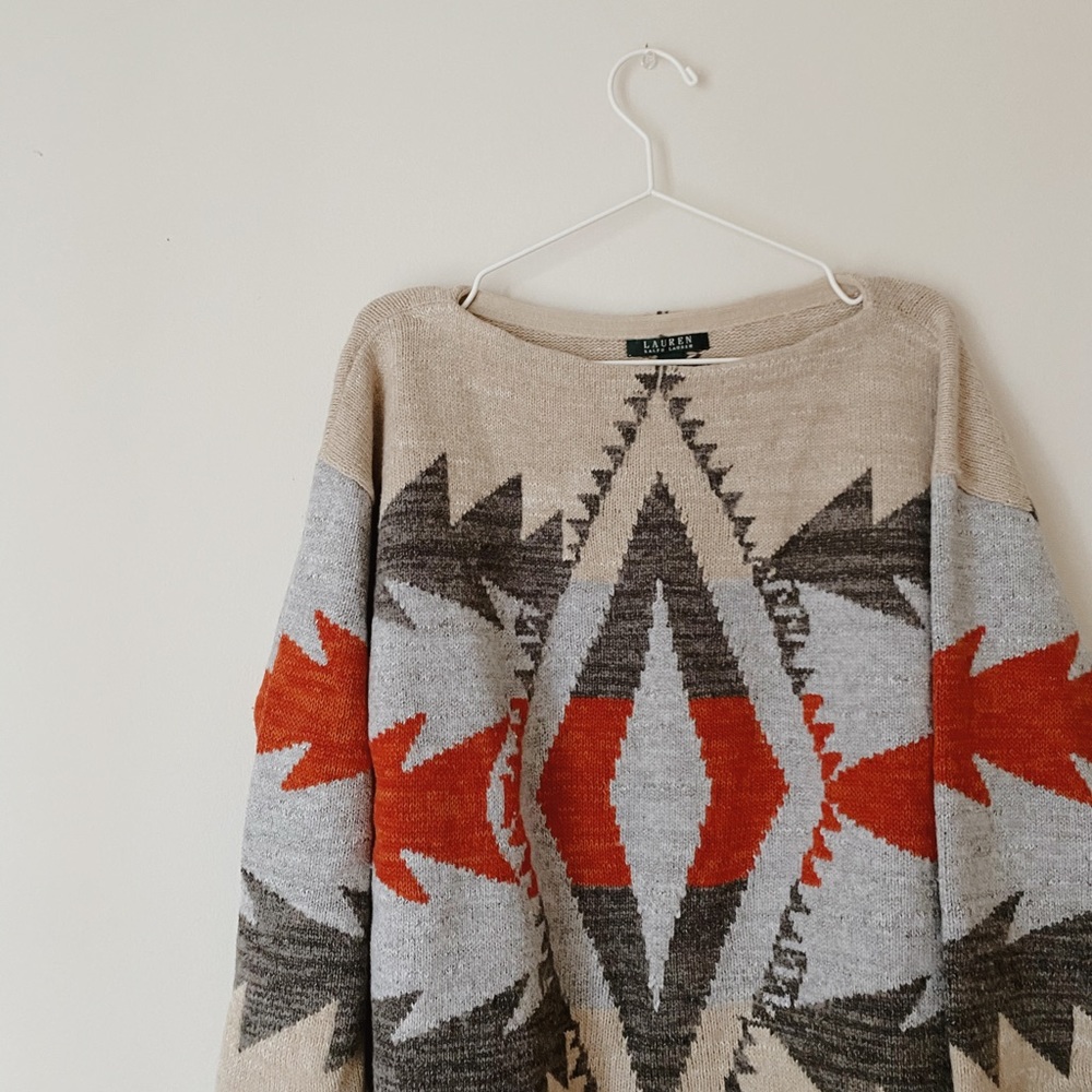 Ralph Lauren Black Label Beige, Gray & Orange Geometric Knit Sweater